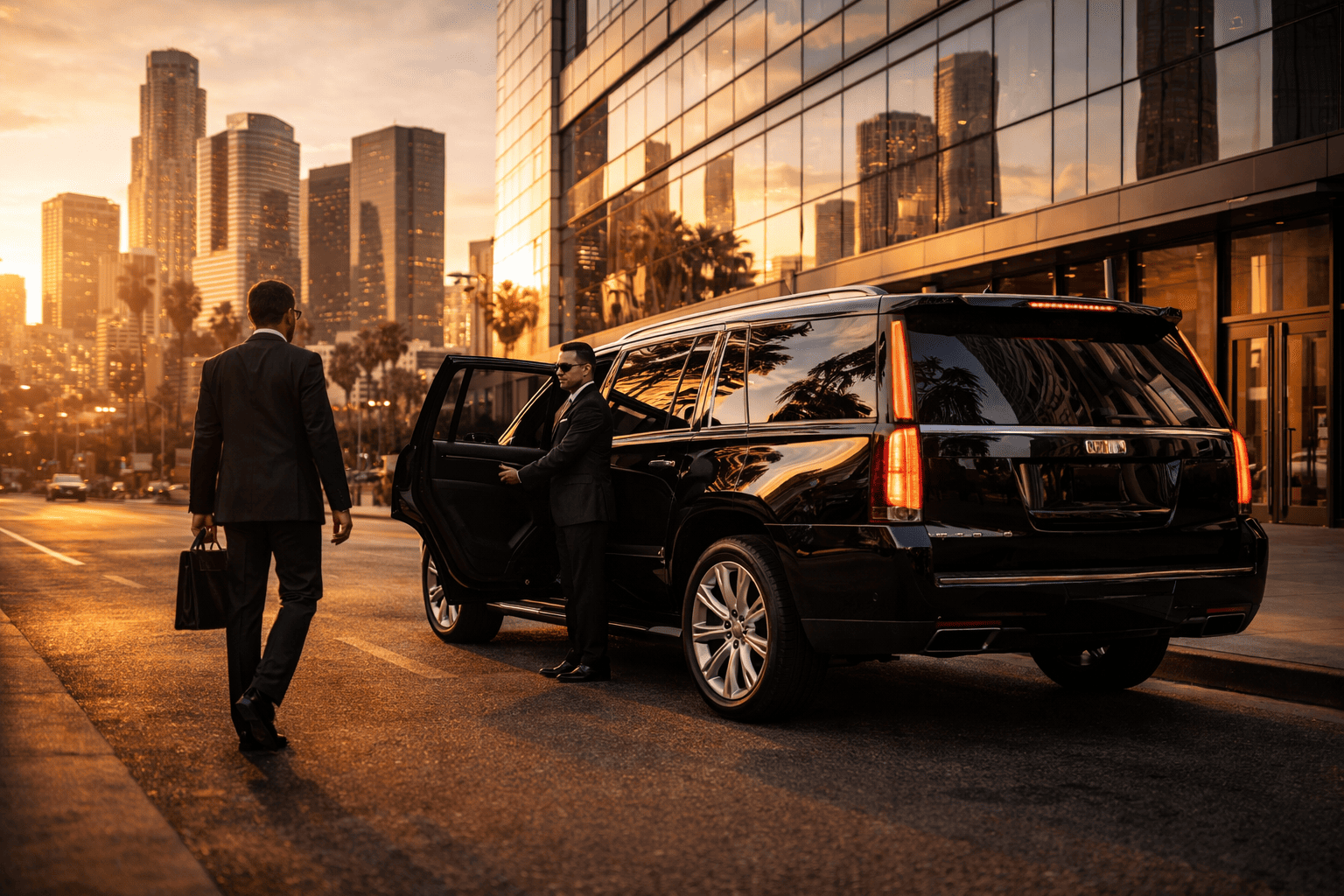JM Transportation Service - Business Executive Approaching Black Luxury SUV Downtown Los Angeles