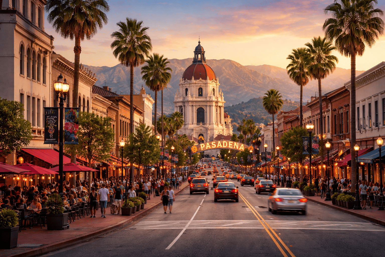 JM Transportation Service - Pasadena City Hall and Downtown Street With Palm Trees at Dusk