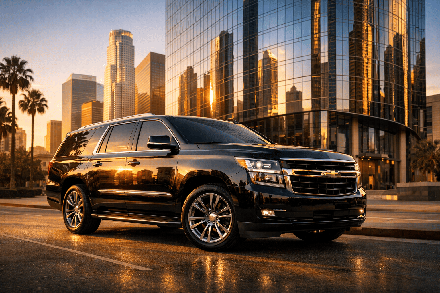 JM Transportation Service - Black Luxury SUV Chevrolet Suburban Downtown Los Angeles Skyline