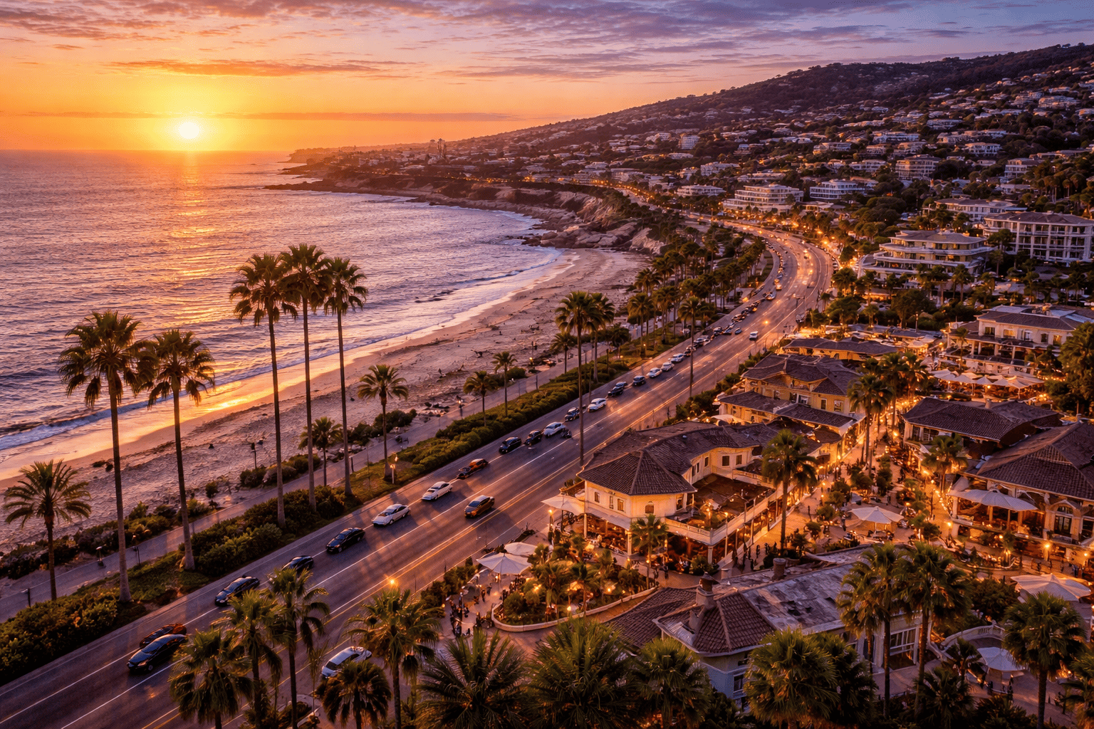 JM Transportation Service - Orange County Coastline Panoramic Sunset View With Palm Trees and Beach