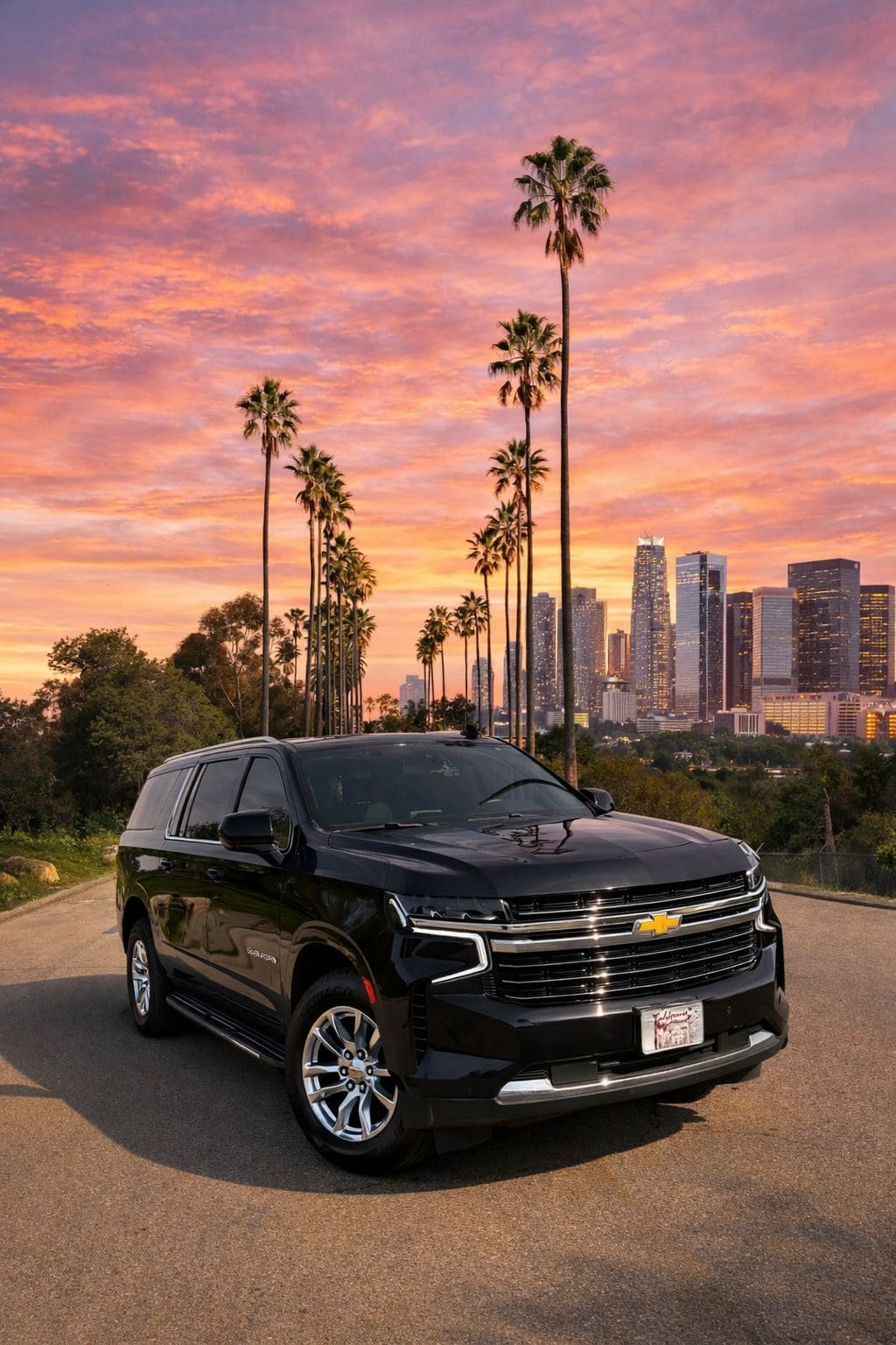 JM Transportation Black Suburban Los Angeles Skyline Sunset