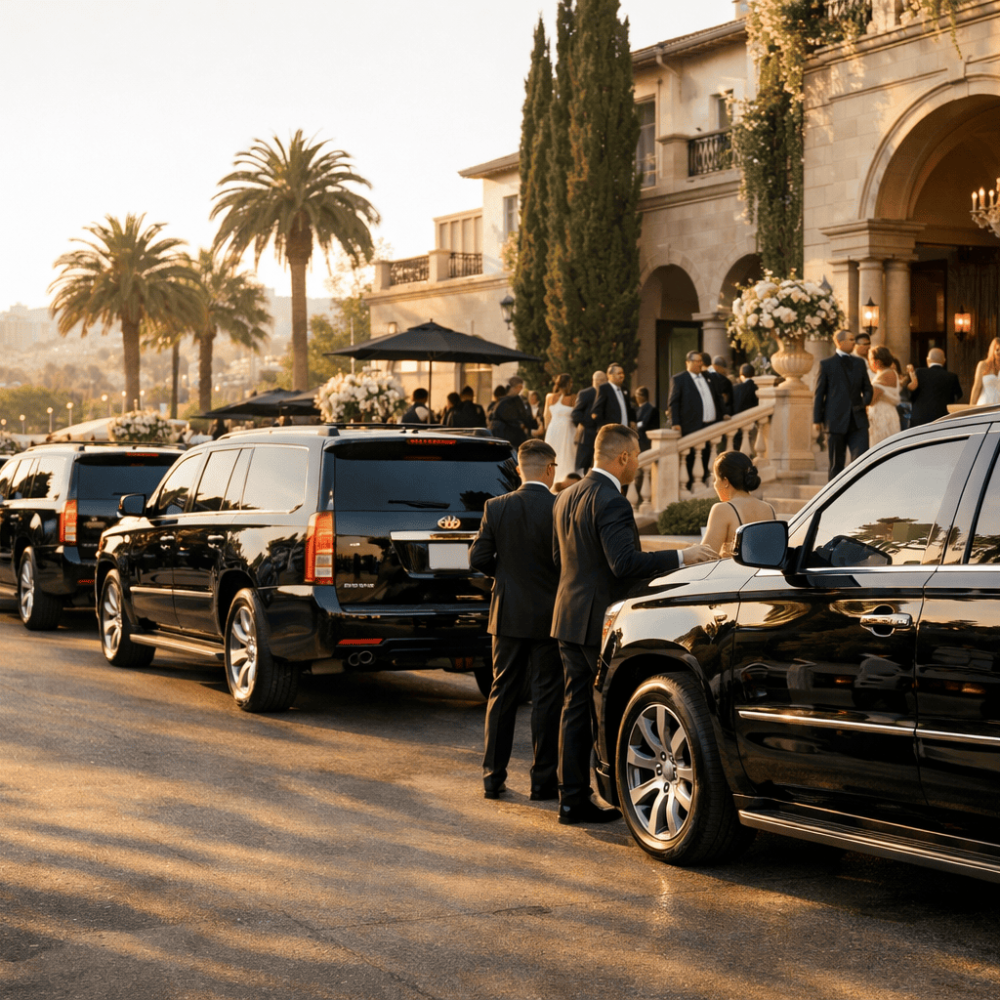 JM Transportation Service - Wedding Luxury SUV Fleet With Chauffeurs at Elegant Venue With Palm Trees