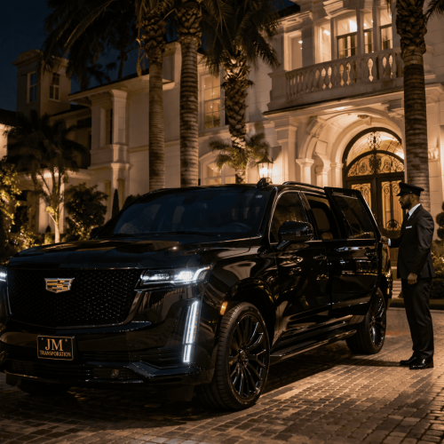 JM Transportation Service - Branded Black Cadillac Escalade at Luxury Mansion Venue for Night Events