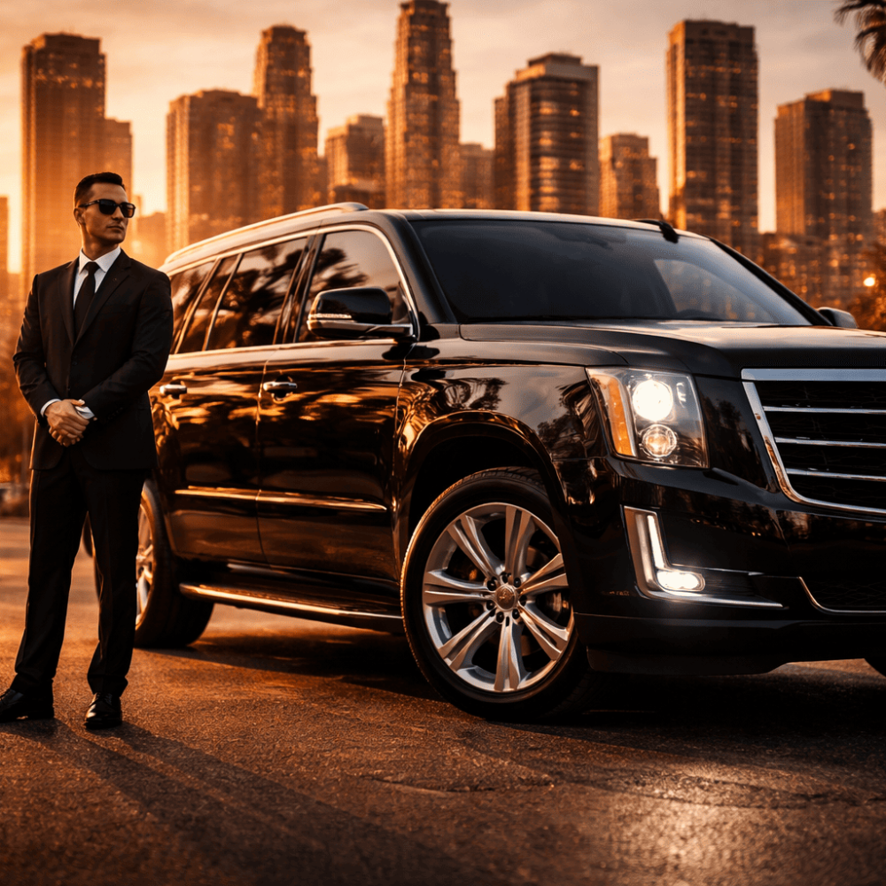JM Transportation Service - Professional Chauffeur Standing by Black Cadillac Escalade at Sunset