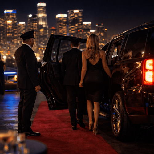 JM Transportation Service - Elegant Couple Red Carpet Arrival From Luxury Car With LA Skyline at Night