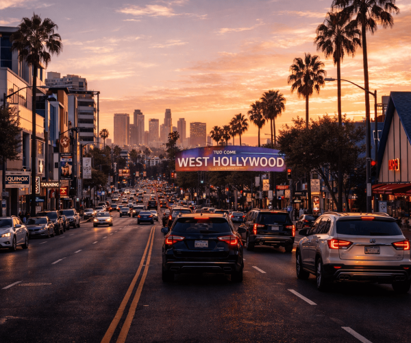JM Transportation Service - West Hollywood Boulevard Street View With Traffic and Palm Trees at Sunset