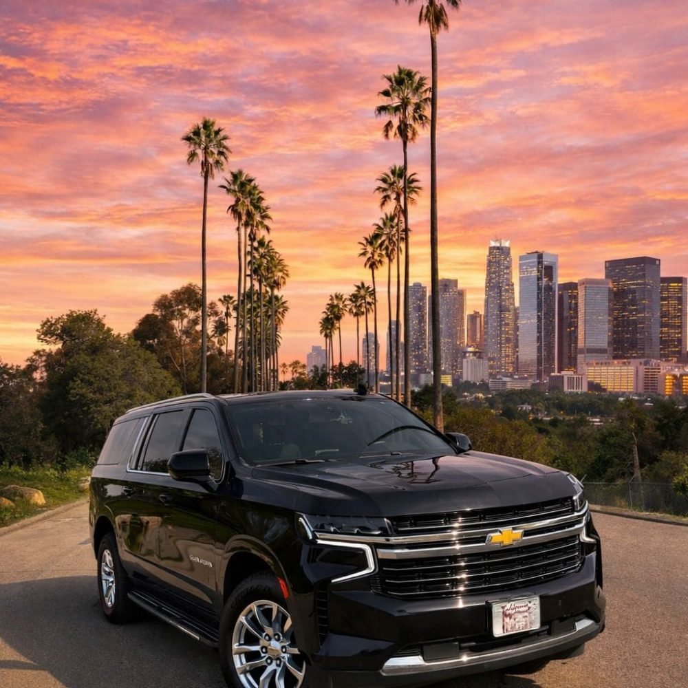 JM Transportation Black Suburban Los Angeles Skyline Sunset