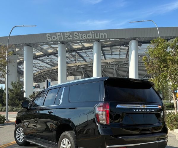 JM Transportation Black Suburban SUV SoFi Stadium Los Angeles